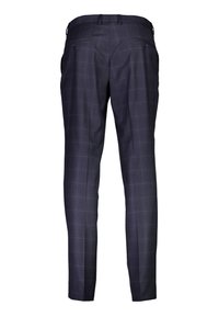 Pantaloni grigi scuri su misura con un delicato motivo a quadri, dotati di tasche posteriori, design a gamba dritta e una texture di tessuto liscia.