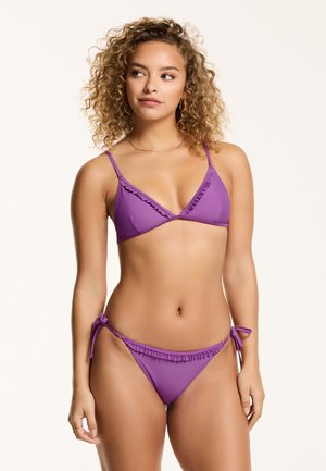 Purple bikini set with frill accents on the top and bottom. The top features adjustable straps, and the bottom has side ties. Smooth texture.