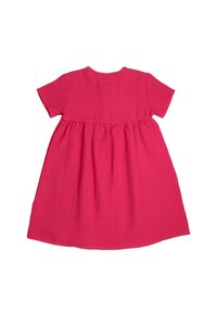 Rosa Kurzarmkleid, knielang, aus leichtem Stoff, mit gerafftem Bund und glatter Textur. Die Rückansicht zeigt einen runden Ausschnitt.