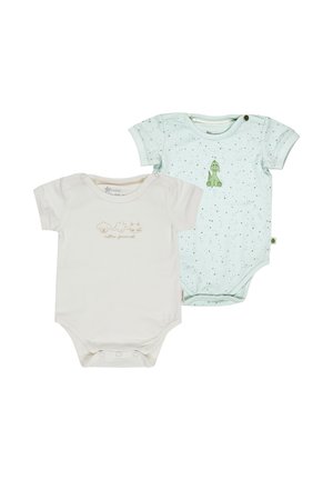 Two infant bodysuits: one is cream with a cartoon print of animals, and the other is light blue with green dinosaur print and speckled pattern.