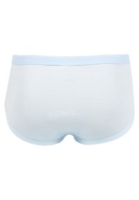Briefs en coton bleu clair avec texture côtelée. Présente une ceinture douce et un design sans coutures. La vue arrière montre des bords lisses et une forme ajustée.