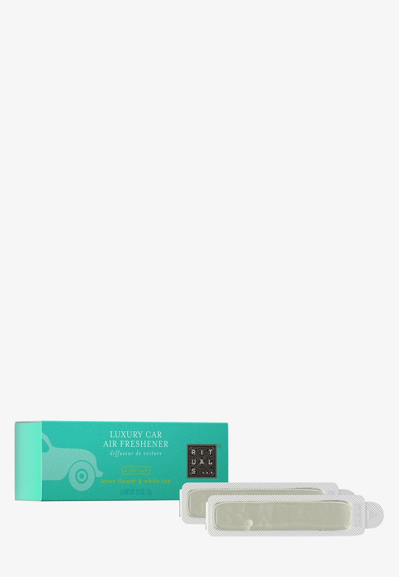 Set de ambientadores de lujo para automóvil en una caja azul aqua y blanca, incluye dos recargas en bolsas de plástico transparente, con fragancias de flor de loto y té blanco.