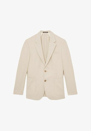 Blazer in lino beige con rever a punta, chiusura a due bottoni e due tasche frontali. Texture liscia con un sottile motivo intrecciato.