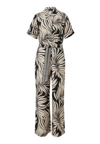 Zwart en beige jumpsuit met korte mouwen, palmbladpatroon, knopenfront en een taille met riem met een gepatternde strik. Brede, rechte pijpen.