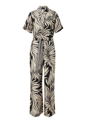 Black and beige jumpsuit with short sleeves, palm leaf pattern, button front, and a belted waist featuring a patterned tie. Wide, straight legs.