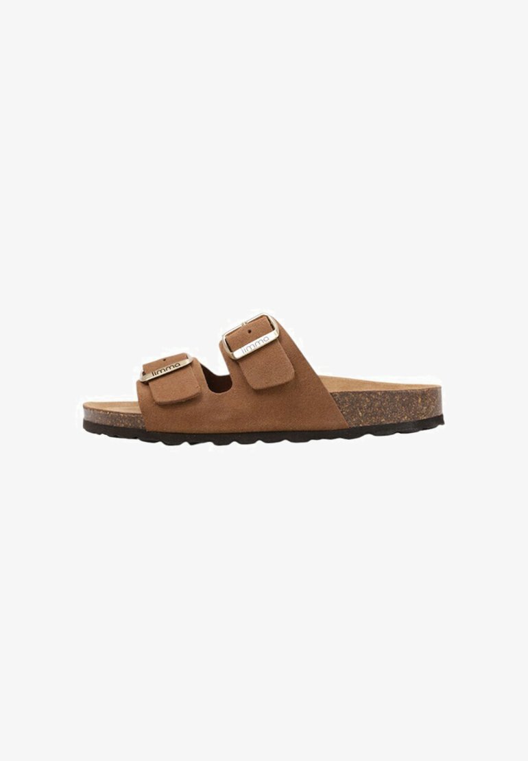 Sandalias de ante marrón con dos correas ajustables y hebillas de metal, que cuentan con una plantilla de corcho y una suela de goma negra texturizada.