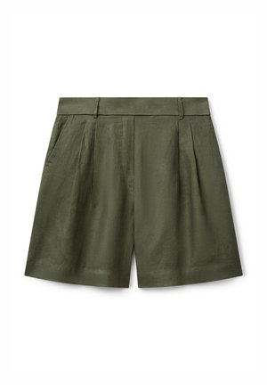 Olivgrüne Shorts aus strukturiertem Stoff, mit flacher Front, Falten und sauberem Saum. Der Bund ist flach und mit Gürtelschlaufen versehen.
