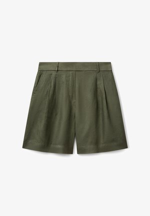 Olivgrüne Shorts aus strukturiertem Stoff, mit flacher Front, Falten und sauberem Saum. Der Bund ist flach und mit Gürtelschlaufen versehen.
