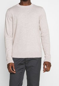 Pull beige clair avec un col rond et des manches longues. Le tissu présente une texture subtile, complétée par des poignets et un ourlet côtelés.