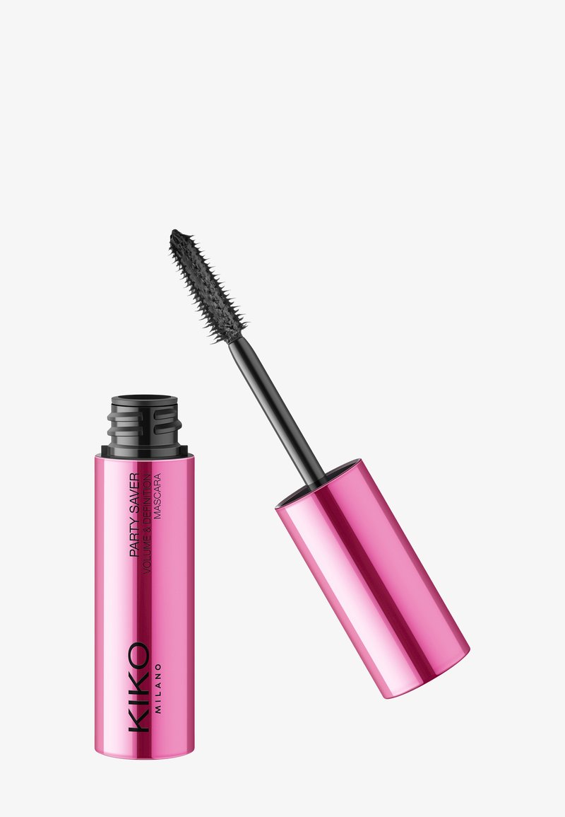 Rosa metallisk tube av KIKO Milano Party Saver volum og definisjons mascara med svart børsteapplikator.