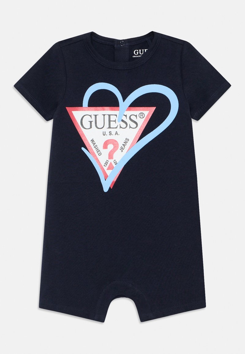 Bodysuit en coton marine avec un design graphique comprenant un triangle rouge et un cœur bleu, avec le texte "GUESS U.S.A. WASHED JEANS." Manches et jambes courtes.