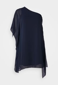 Top en chiffon bleu marine avec un design asymétrique, une manche courte, une texture douce et une silhouette fluide. Léger et élégant.