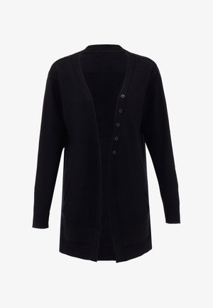 Cardigan nero con scollatura a V, chiusura con bottoni e tasche laterali. Presenta polsini e orlo a coste, realizzato in morbido tessuto a maglia.
