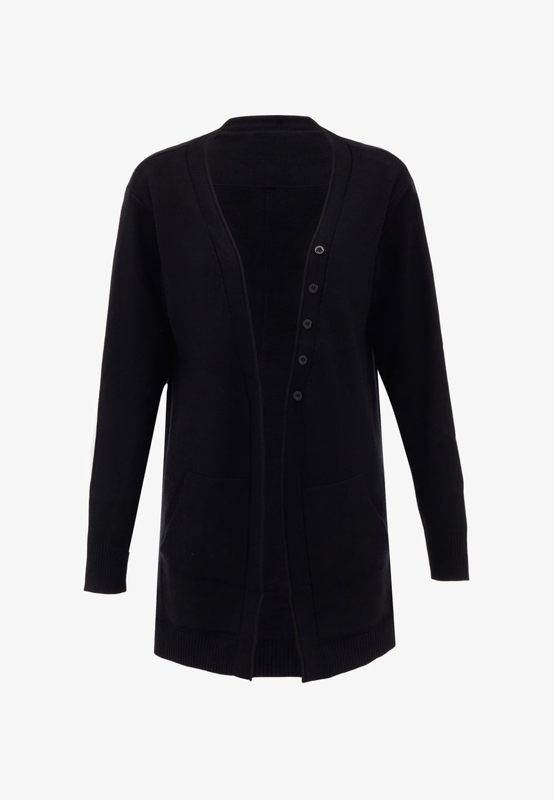 Schwarze Strickjacke mit V-Ausschnitt, Knopfverschluss und seitlichen Taschen. Mit gerippten Bündchen und Saum, aus weichem Strickstoff gefertigt.