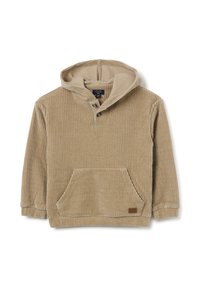 Beige hoodie gemaakt van ribbelcord. Heeft een voorzak en een twee-knopen sluiting bij de hals.