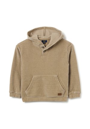 Beige hoodie gemaakt van ribbelcord. Heeft een voorzak en een twee-knopen sluiting bij de hals.