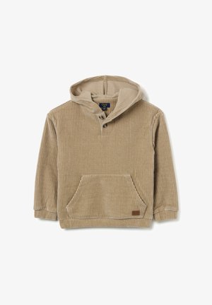 Sweatshirt à capuche beige en corduroy côtelé. Présente une poche kangourou à l'avant et un patte de boutonnage à deux boutons au niveau du cou.