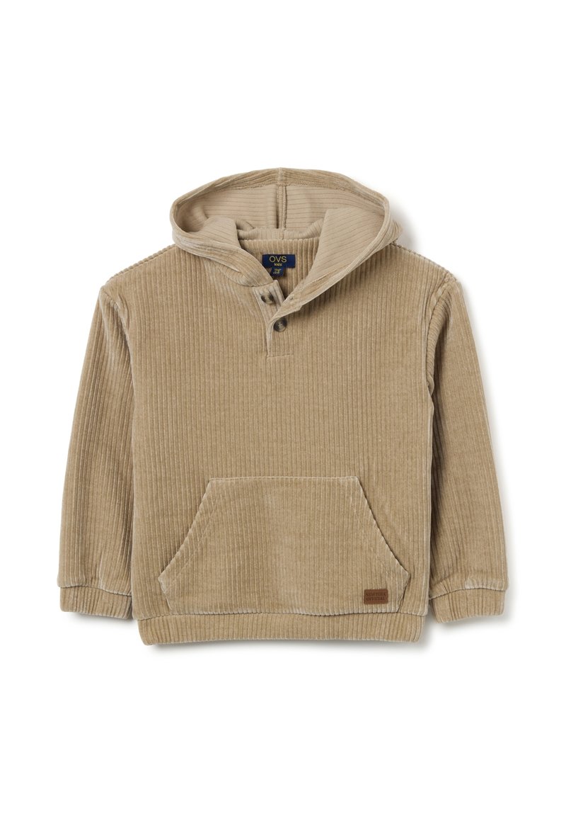 Beige hoodie gemaakt van ribbelcord. Heeft een voorzak en een twee-knopen sluiting bij de hals.