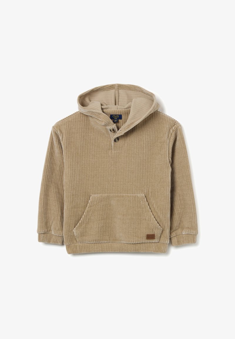 Beige hoodie gemaakt van ribbelcord. Heeft een voorzak en een twee-knopen sluiting bij de hals.