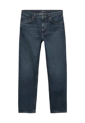 Jeans de mezclilla azul oscuro con un diseño clásico de pierna recta, que cuentan con dos bolsillos frontales y un sutil detalle de costura a lo largo de las costuras.