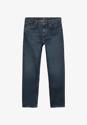 Dunkelblaue Jeans aus Denim mit einem klassischen geraden Design, ausgestattet mit zwei Fronttaschen und einer dezenten Naht entlang der Nähte.