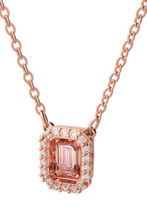 Halskette aus Roségold mit einem rechteckig geschliffenen rosa Edelstein, umgeben von kleinen klaren Steinen, an einer Gliederkette.