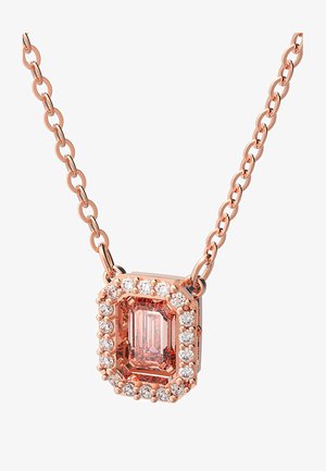 Halskette aus Roségold mit einem rechteckig geschliffenen rosa Edelstein, umgeben von kleinen klaren Steinen, an einer Gliederkette.