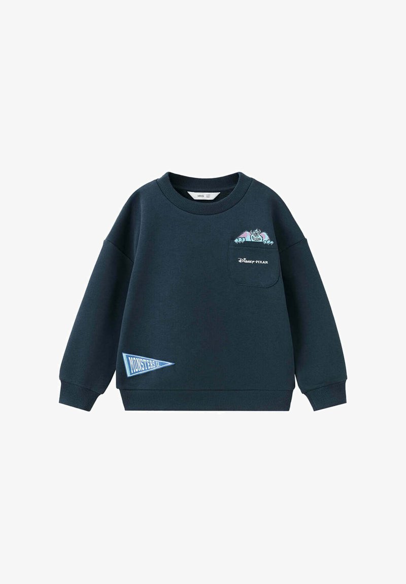 Sweat-shirt bleu marine à manches longues avec écusson du logo Monsters University et personnage de dessin animé qui sort de la poche poitrine.