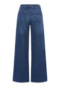 Wijde blauwe spijkerbroek met een medium wassing. Voorzien van twee achterzakken en een standaard tailleband. De stof heeft een gladde textuur.