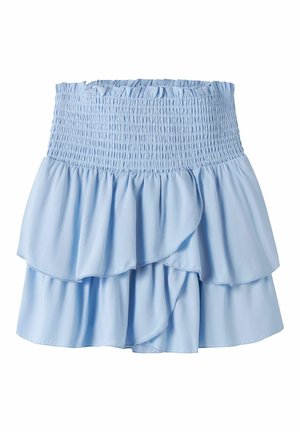 Svetlomodrá viacvrstvová mini sukňa so smockovaným elastickým pásom a volánovým viacvrstvovým lemom.