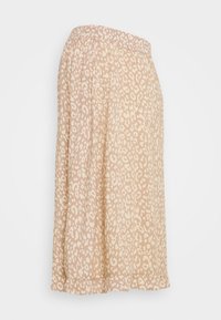 Béžová sukně s měkkou texturou, zdobená leopardským vzorem v off-white. Elastický pás a splývavý design s detaily na lemu.