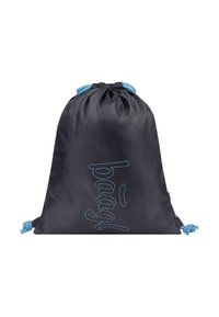 Černý sáček na stažení vyrobený z hladkého nylonu, s modrými šňůrkami a slovem "paraguay" v modré výšivce na přední straně.