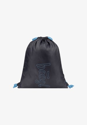 Schwarze Zugtasche aus glattem Nylon, mit blauen Kordelakzenten und dem Wort "paraguay" in blauer Stickerei auf der Vorderseite.