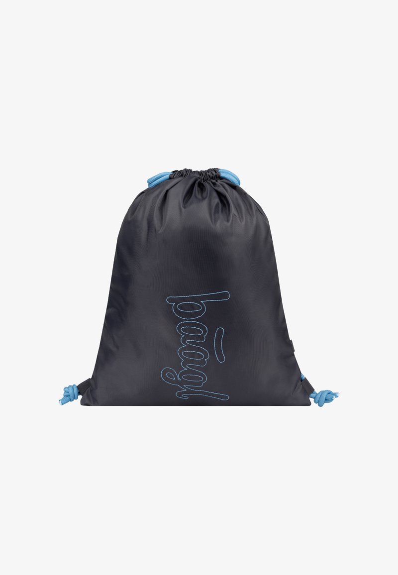 Černý sáček na stažení vyrobený z hladkého nylonu, s modrými šňůrkami a slovem "paraguay" v modré výšivce na přední straně.