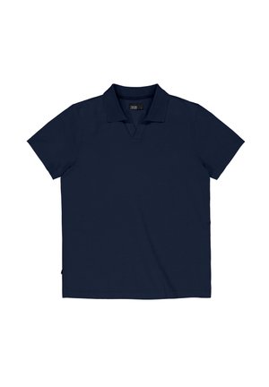 Marineblaues Polohemd mit kurzen Ärmeln, Kragen und V-förmigem Ausschnitt, flach auf weißem Hintergrund liegend.