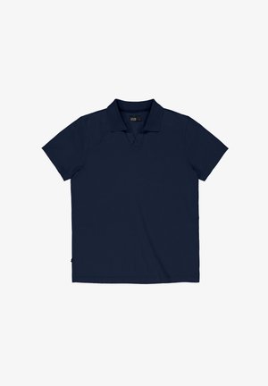 Marineblaues Polohemd mit kurzen Ärmeln, Kragen und V-förmigem Ausschnitt, flach auf weißem Hintergrund liegend.