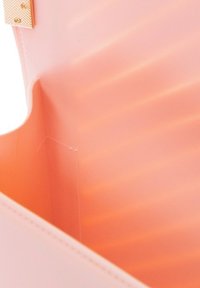 Interno rosa di una borsa strutturata, con una texture lineare e un accento in hardware dorato all'apertura. Materiale liscio con una finitura lucida.