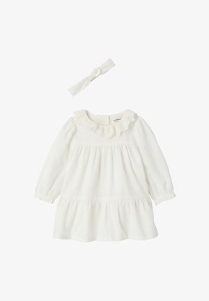 Weißes Baby-Kleid mit langen Ärmeln, Rüschenkragen und passendem weißem, geknotetem Stirnband.