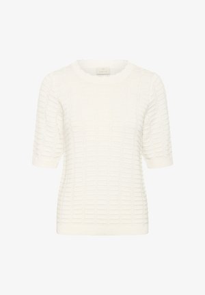 Pulover alb cu mâneci scurte din tricot, cu model texturat dreptunghiular și margini finisate cu dantelă pe mâneci, tiv și decolteu rotund.