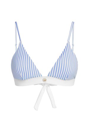 Haut de bikini triangle à rayures horizontales bleu clair et blanches, bretelles réglables et fermeture à nouer blanche dans le dos. Détail décoratif doré.