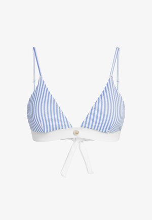 Dygsniuotas trikampio formos bikini viršus su šviesiai mėlynomis ir baltomis horizontaliosiomis juostomis, reguliuojamomis petnešėlėmis ir balta kaklaraiščio užsegimu nugaroje. Auksinis akcentas.