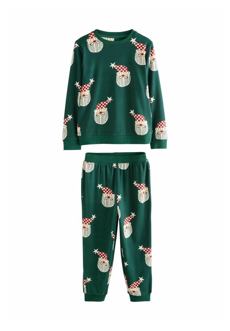 Groene set met lange mouwen en broek met rode en witte kerstman gezichten die geruite hoedjes dragen, ontworpen voor de feestdagen pyjama's voor kinderen.