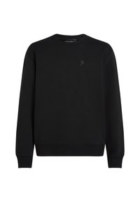 Črna majica s crewneck ovratnikom, izdelana iz mehkega blaga. Ima rebraste manšete in rob, ter majhen, tonalen logotip na prsih. Enostaven dizajn.