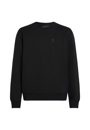 Zwarte crewneck sweatshirt van zacht materiaal. Heeft ribgebreide manchetten en onderrand, met een klein, ton-sur-ton logo op de borst. Eenvoudig ontwerp.