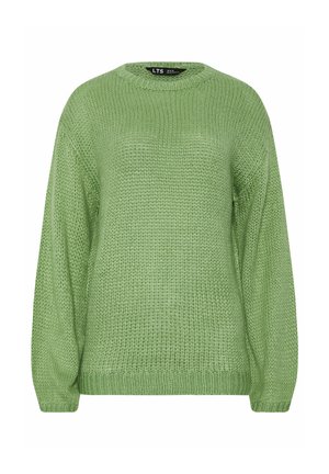 Lysegrøn strikket langærmet sweater med rund halsudskæring og ribstrikkede manchetter og kant, vist på hvid baggrund.