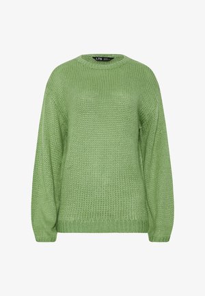 Hellgrüner, gestrickter Pullover mit langen Ärmeln, einem runden Ausschnitt sowie gerippten Bündchen und Saum, auf weißem Hintergrund dargestellt.