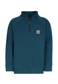 Tyrkisblå lynlåstrøje med høj krave. Har raglanærmer, en lille logopatch på brystet og ribstrikkede manchetter og kant. Materiale af bomuldsblanding.