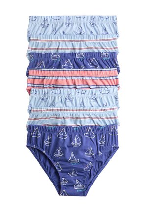 Stak af seks børnetrusser med sejlbåd og stribede mønstre i blå, navy, pink og hvid farve.
