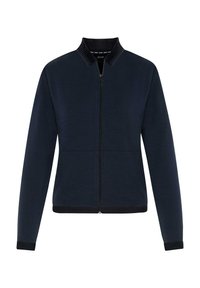 Felpa con zip di colore blu navy, caratterizzata da un colletto a coste, due tasche frontali e una texture uniforme, con orlo e polsini neri a contrasto.