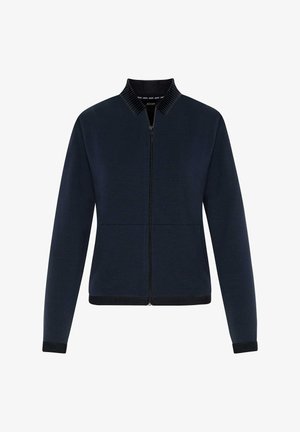 Marineblauwe rits-hoodie met een geribde kraag, twee voorzakken en een stevige textuur, met contrasterende zwarte zoom en manchetten.